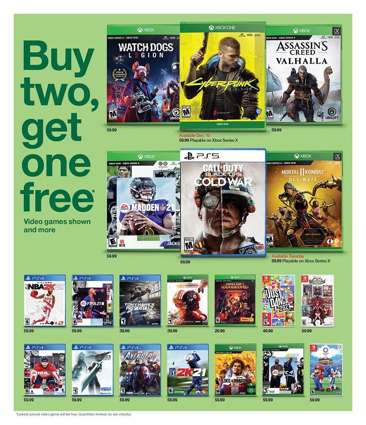 A green ad with a "Buy 2 Get 1 Free" banner and a selection of game titles included in the deal.