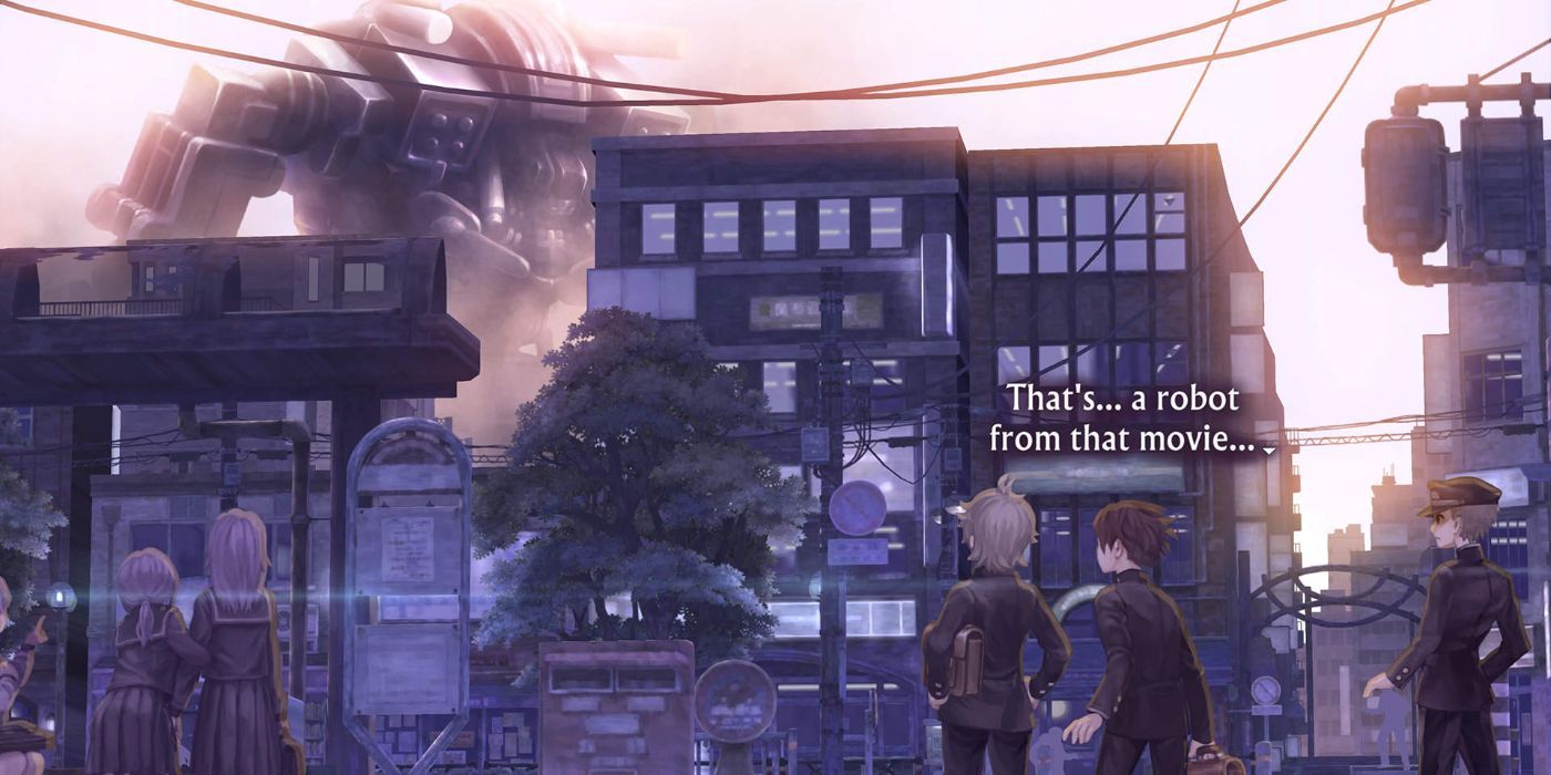 Japanese students observe a mecha for the first time in 13 Sentinels: Aegis Rim