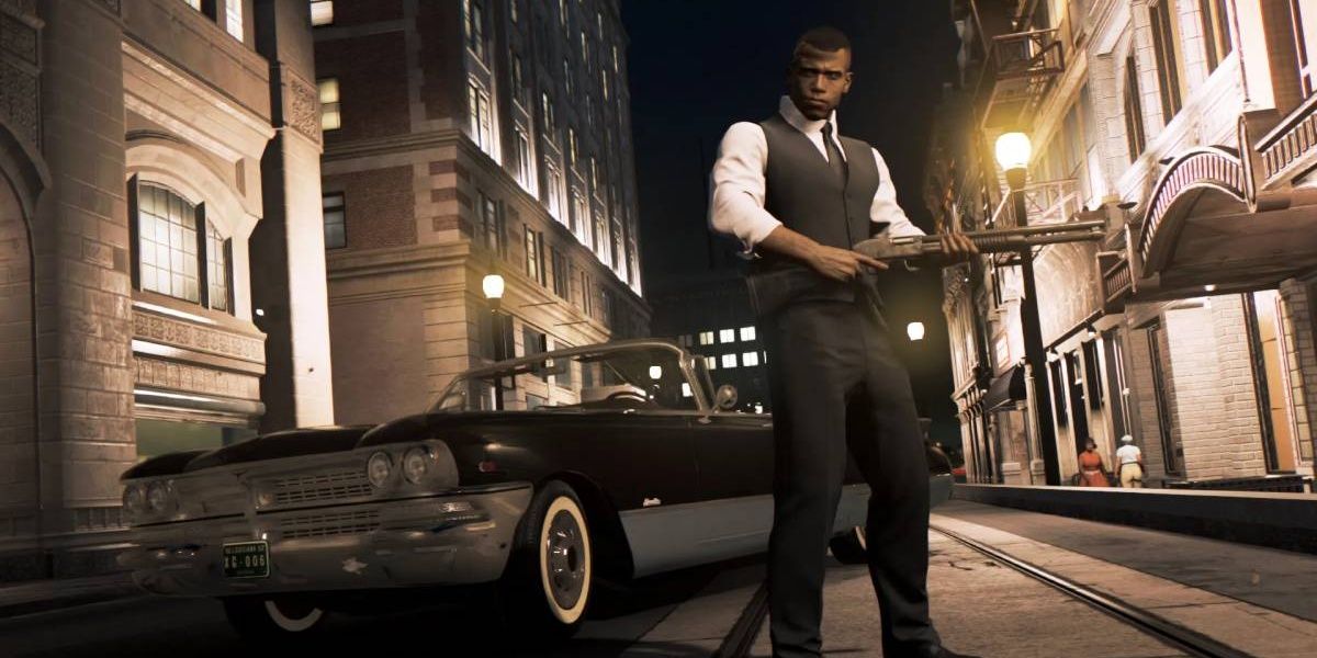 Someone with a gun standing in front of a car in Mafia III