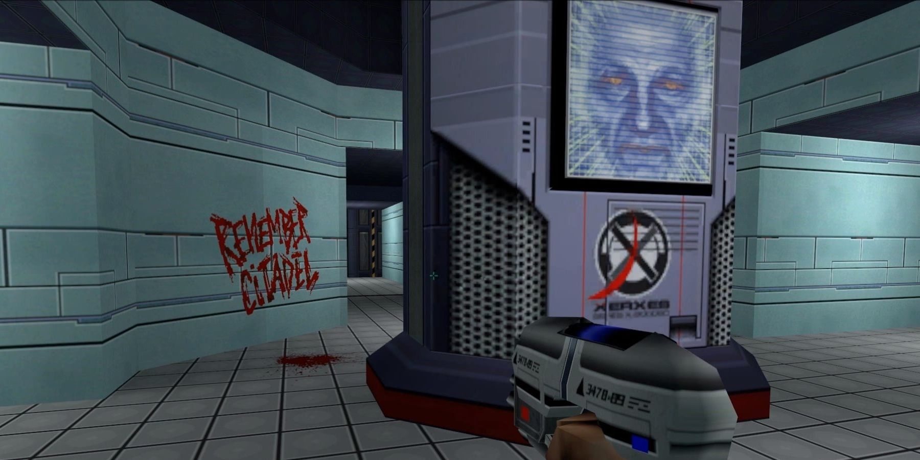 first person view of holding gun with AI on screen and blood message on wall