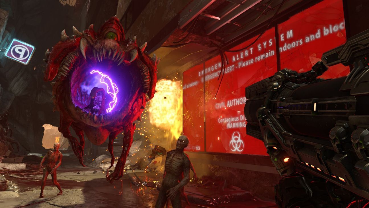 Doom guy using weapons against multiple demons