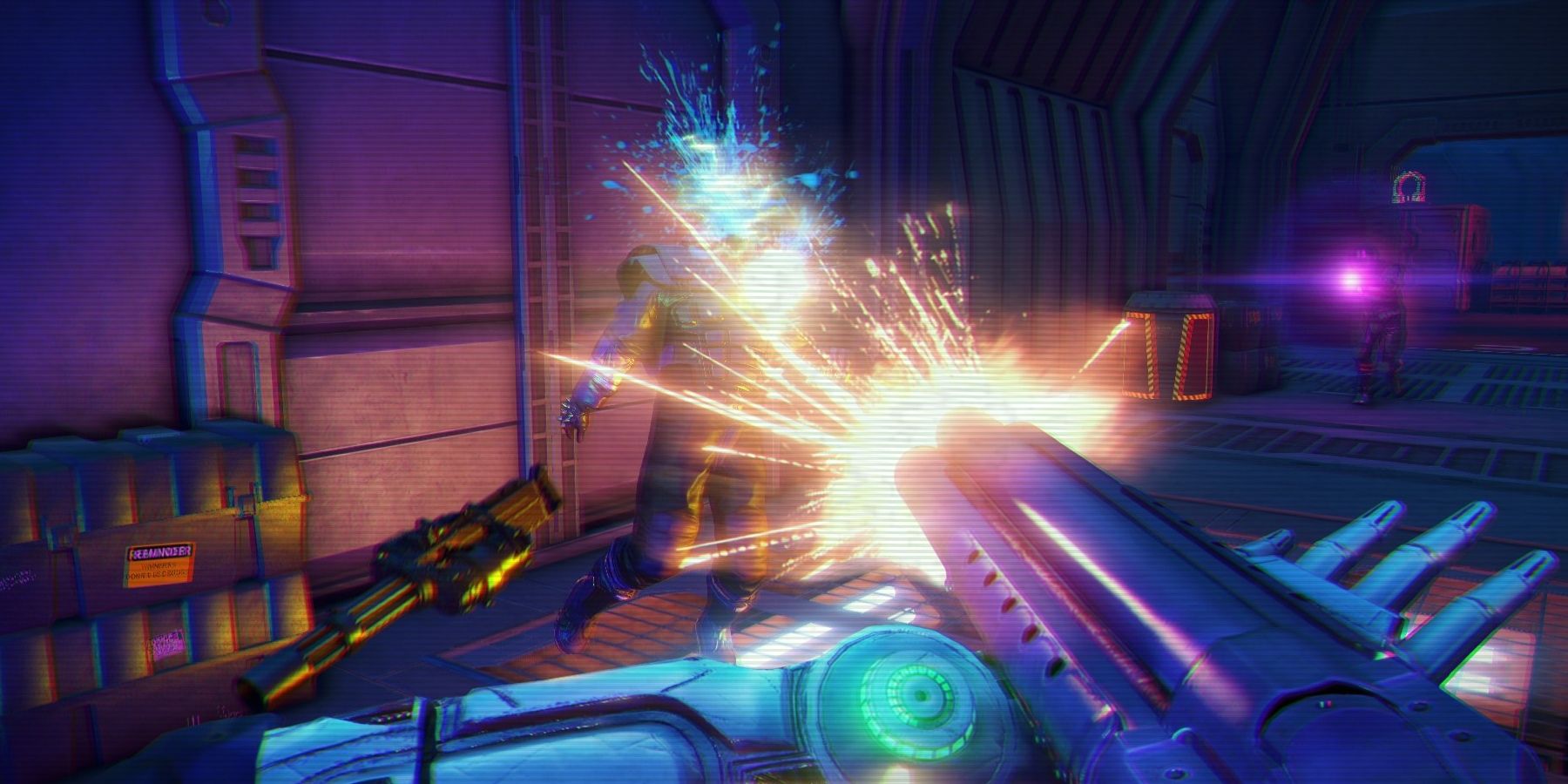 first person view of shooting gun with a lot of neon lights