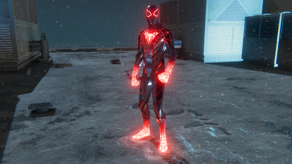 Posing on rooftop in programmable matter suit