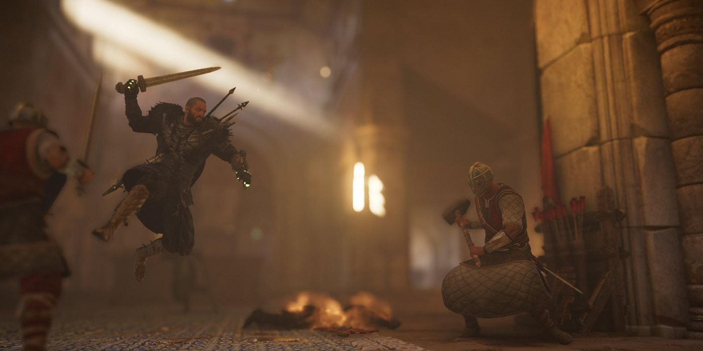 Eivor leaping and striking with small sword in indoor cinematic shot in Assassin's Creed Valhalla 