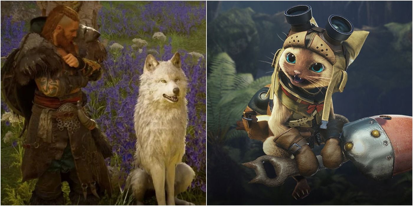 Featured Split Image Wolf From Assassin's Creed Valhalla and a Palico from Monster Hunter World