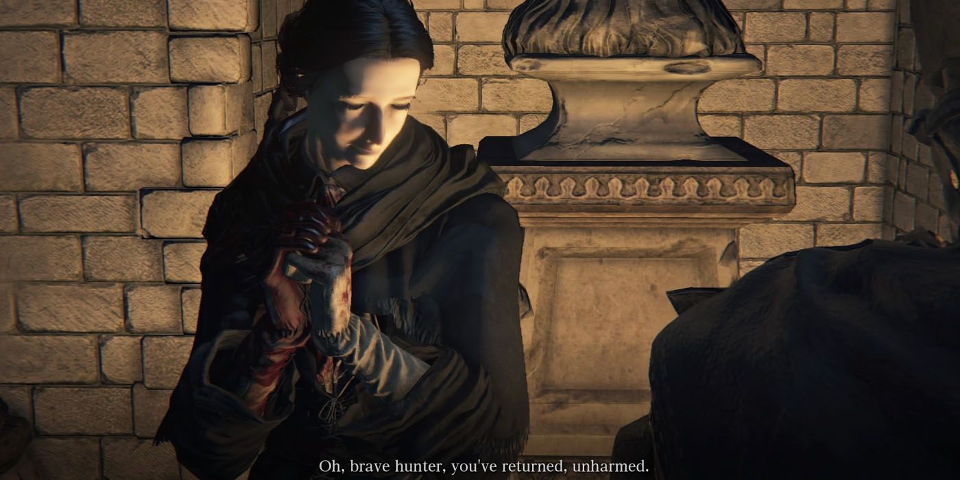 Bloodborne - the hunter talks to Adella the nun inside Oeden Chapel