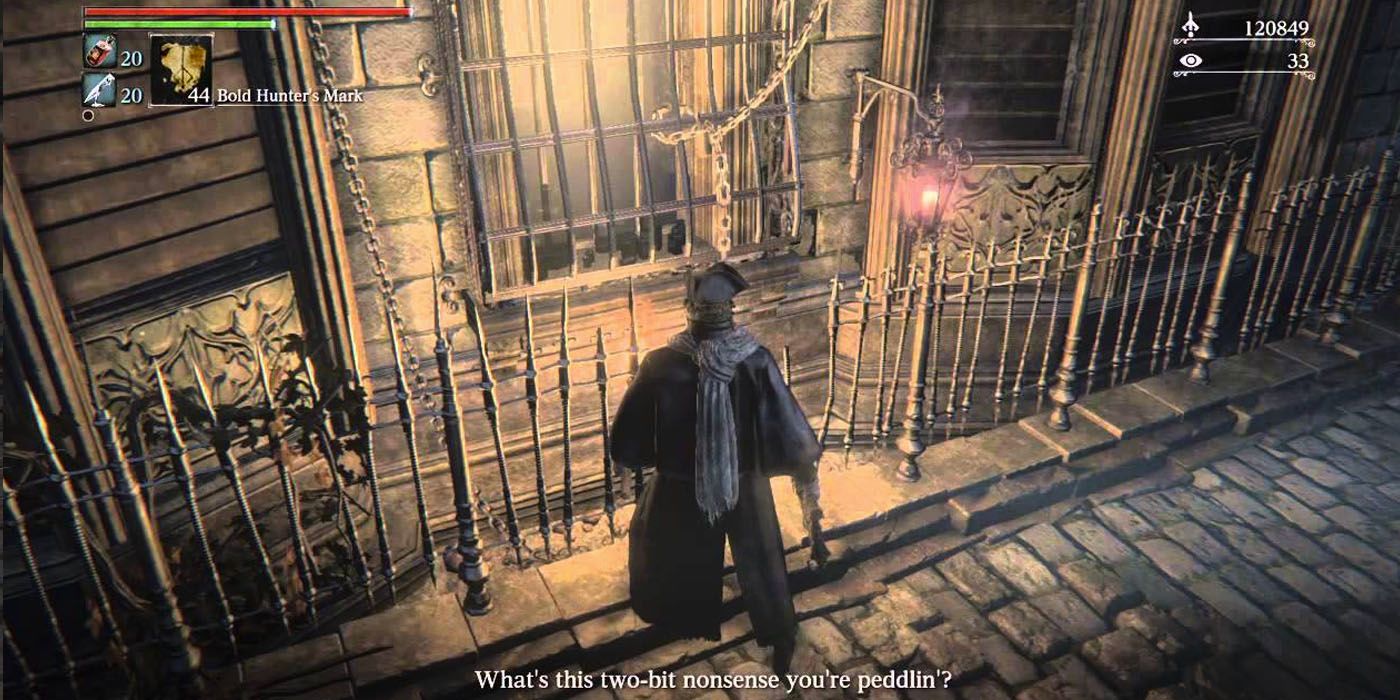 Bloodborne - the hunter stands outside the home of the sceptical man in Cathedral Ward