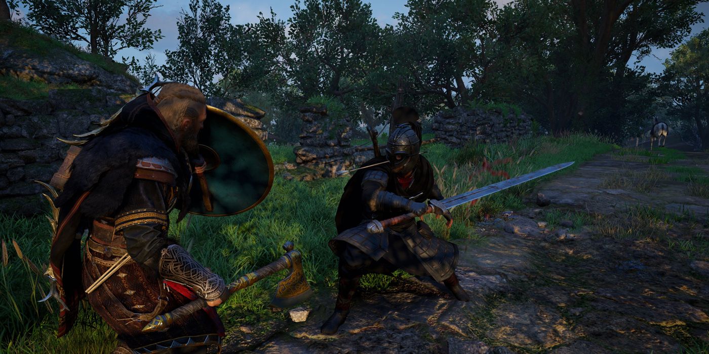 Eivor fighting soldier wielding large swinging sword in Assassin's Creed Valhalla 