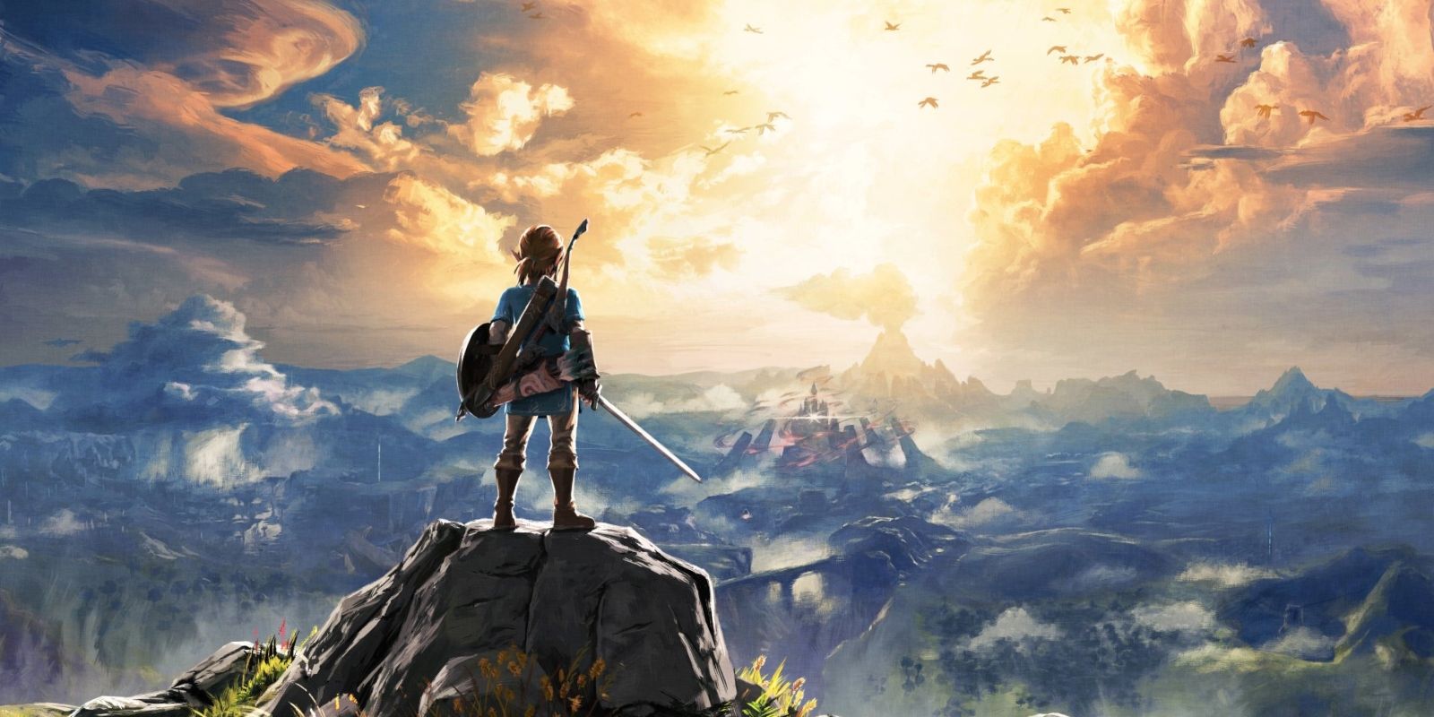 Link looks over the horizon while standing on a mountain inThe Legend Of Zelda. Breath Of The Wild