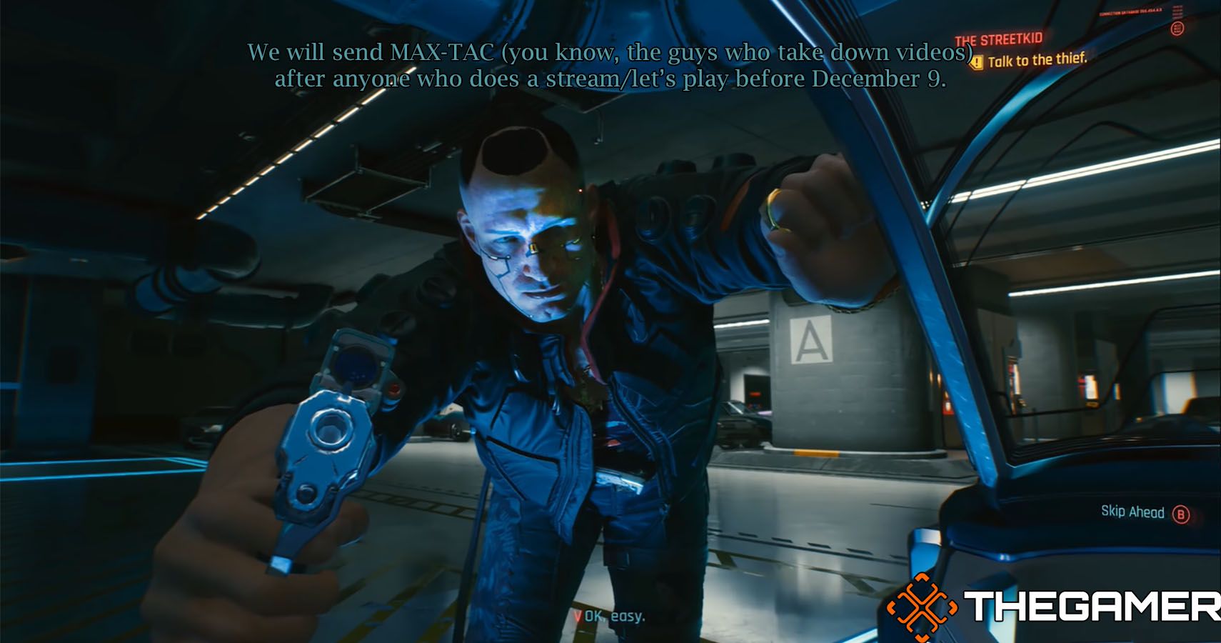 A screenshot of Cyberpunk 2077 with custom text overlay