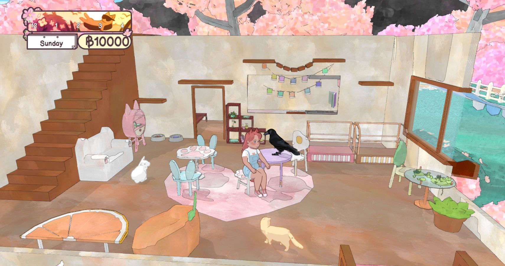 Your character sitting in a decorated cat café with a raven beside her.