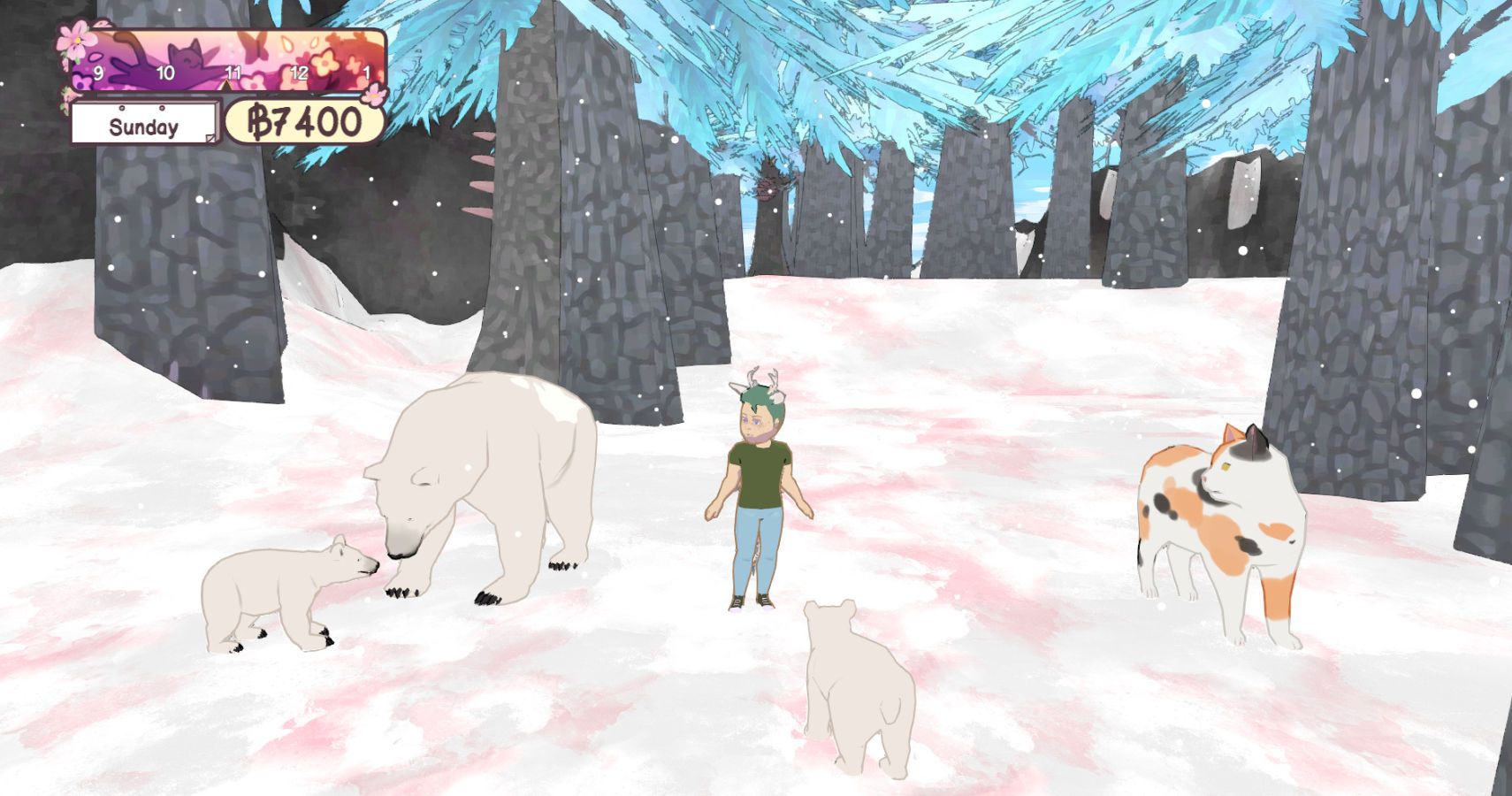 a character in the snow surrounded by polar bears and trees.