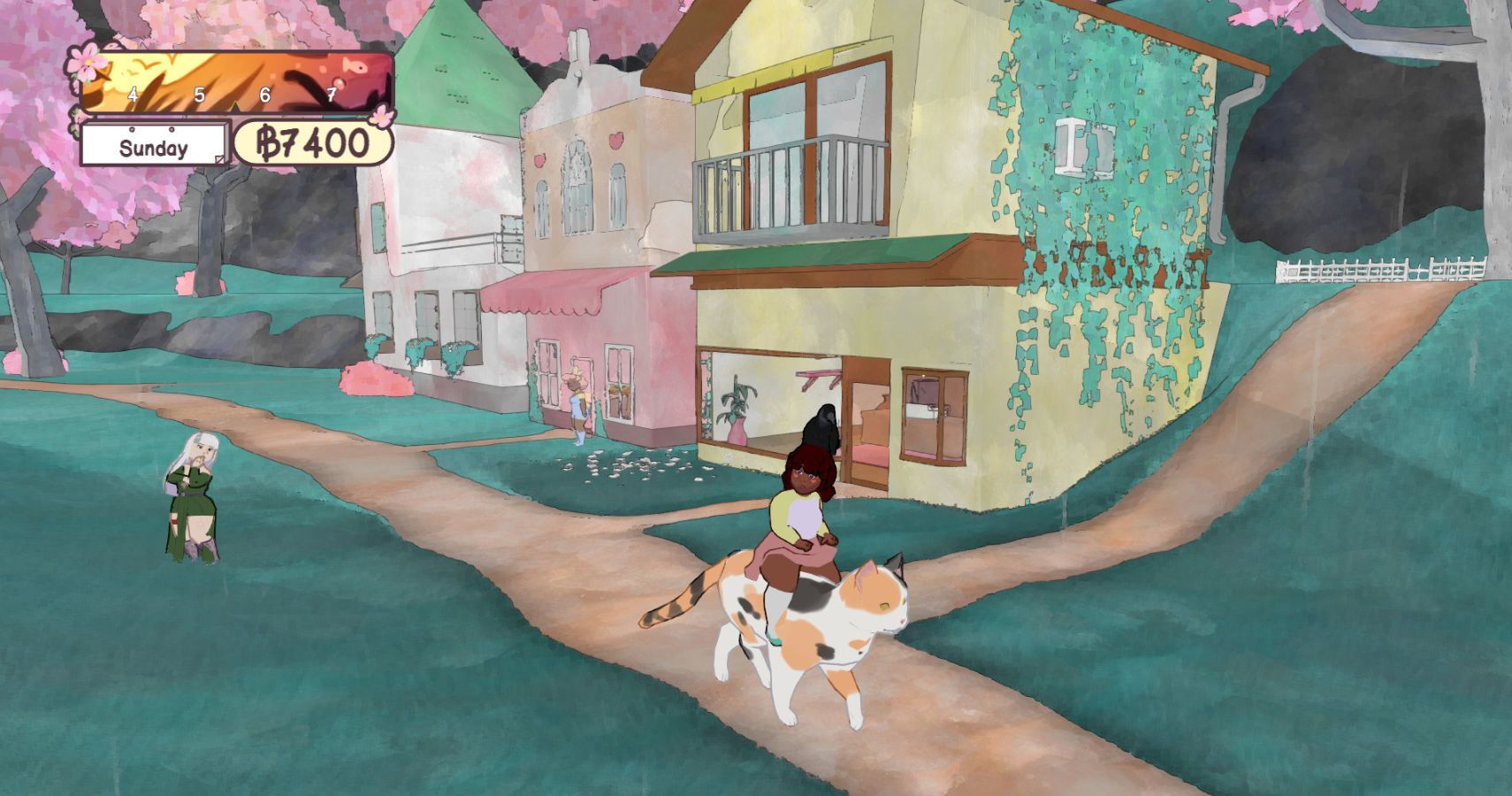 A magical girl riding a cat down the high street.