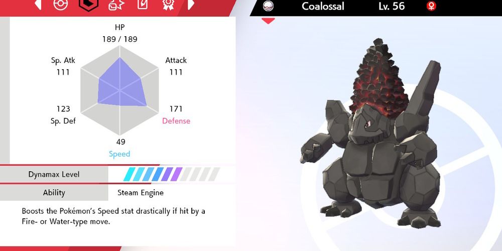 Coalossal's info page in Sword and Shield