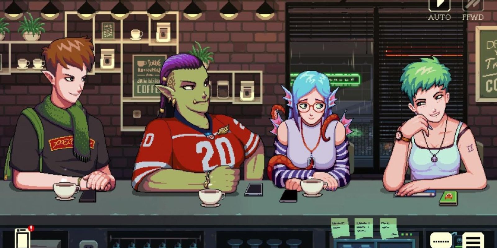 Some of the characters from the Coffee Talk sit at the counter at night.