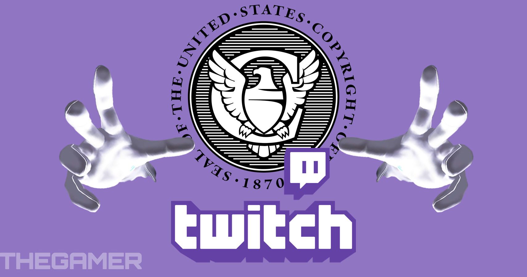 Seal of the US Copyright Office with two hands reaching toward the Twitch logo