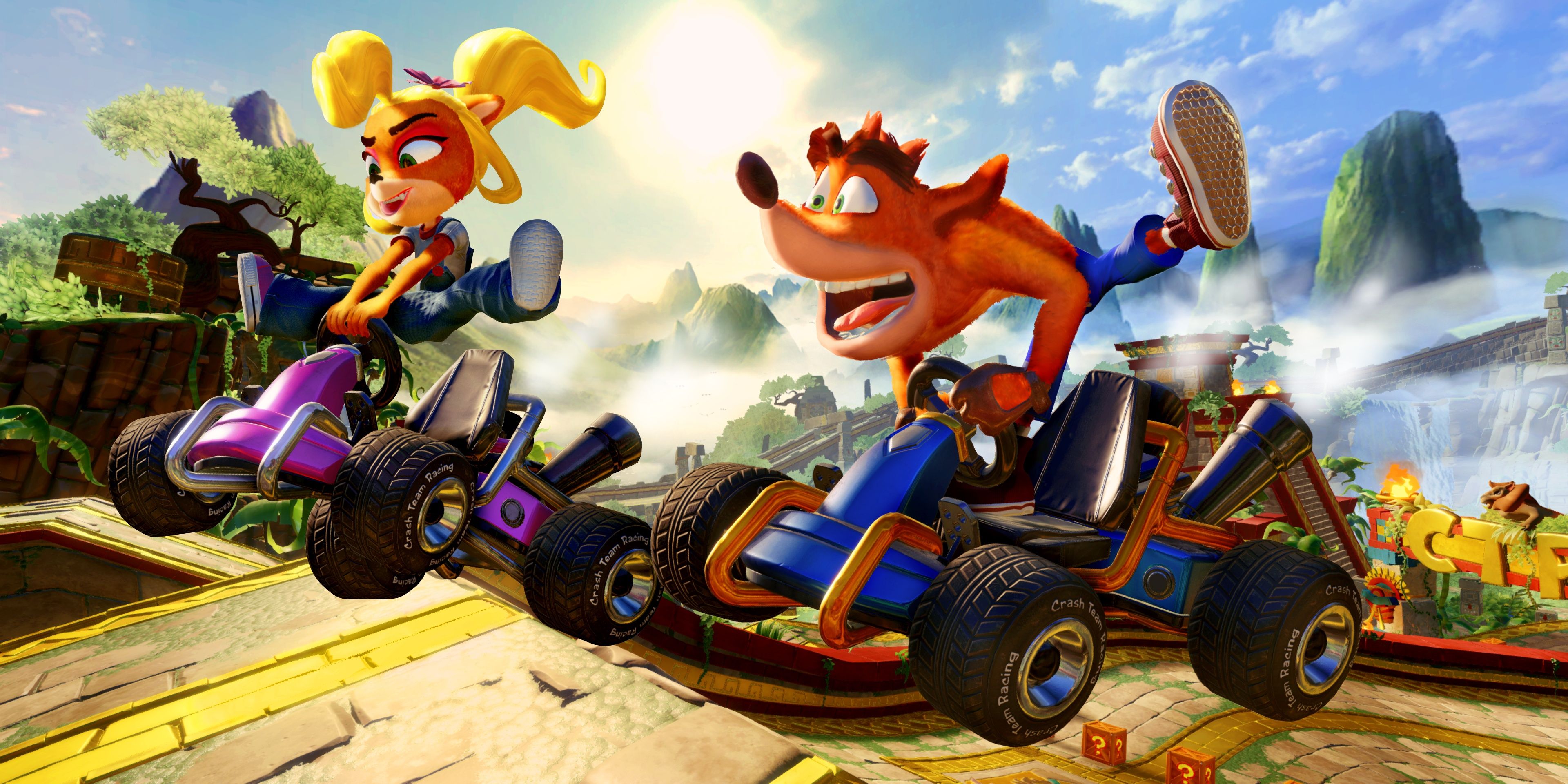 Crash and Coco driving in Crash Team Racing Nitro Fueled