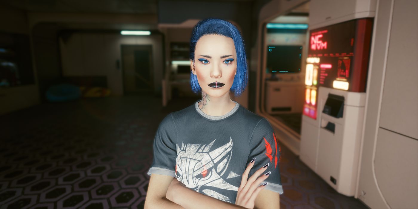 Cyberpunk 2077 blue haired V in her apartment