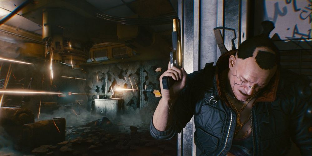 Cyberpunk 2077 Jackie Taking Cover From Enemy Fire