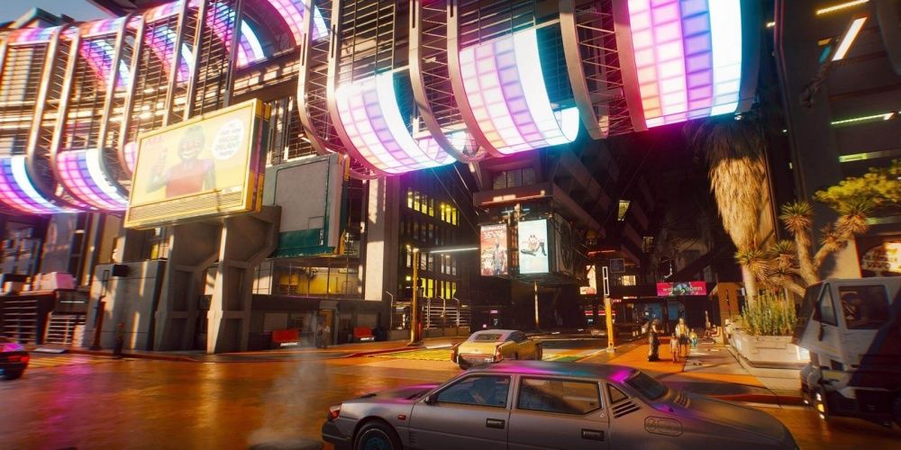 Cyberpunk 2077 Lights And Road View From Side Of The Road