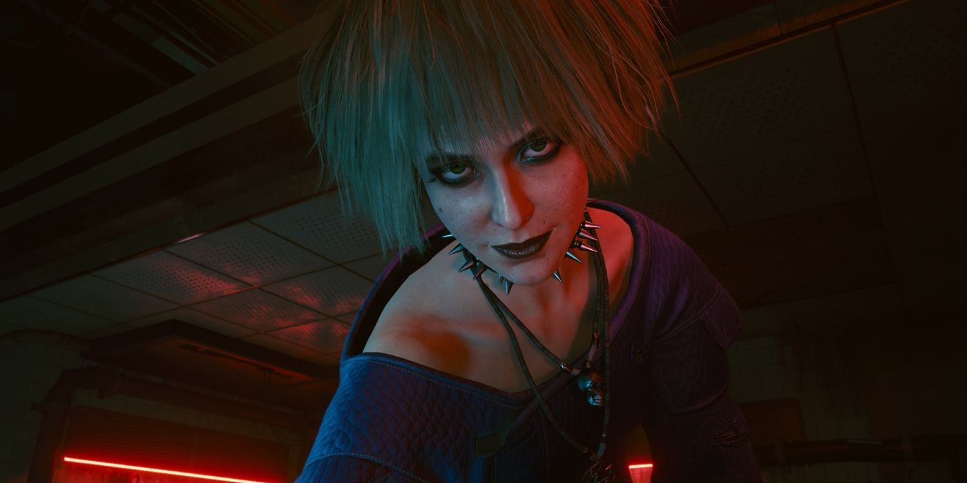 Cyberpunk 2077 screenshot of Misty looking down at the camera.