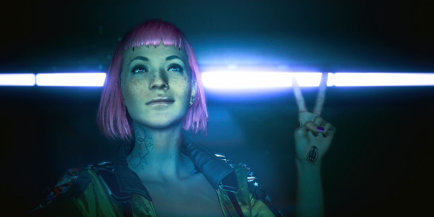 Cyberpunk 2077 V with pink hair posing