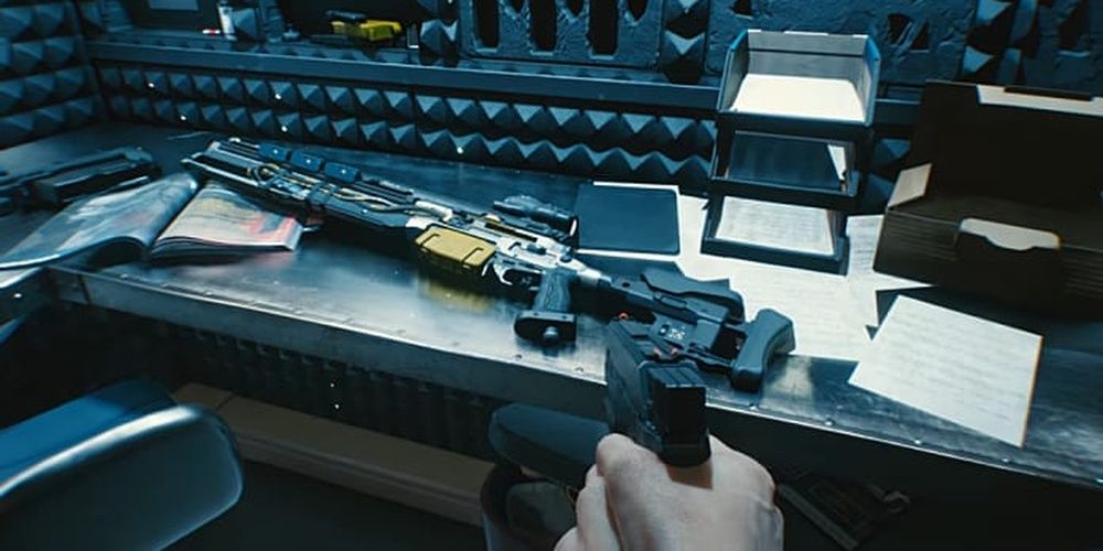 Cyberpunk 2077 Pistol Aiming At Scoped Shotgun In Vault Room