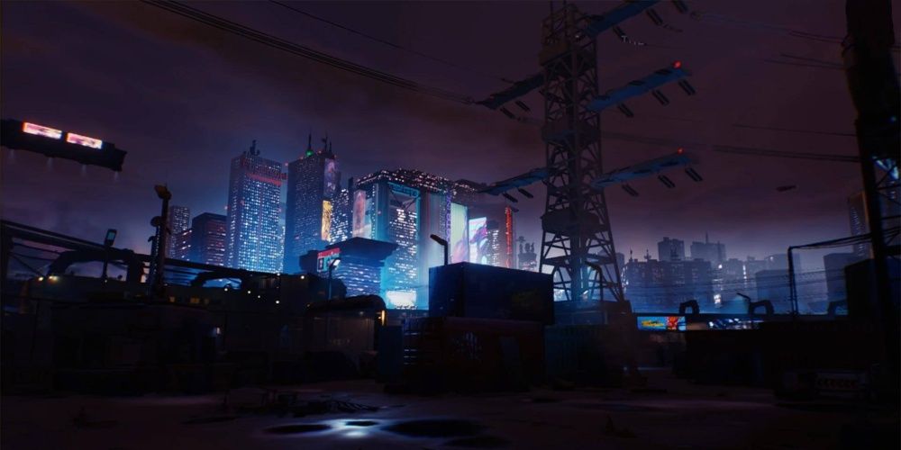 Cyberpunk 2077 Skyline By Powerlines At Night