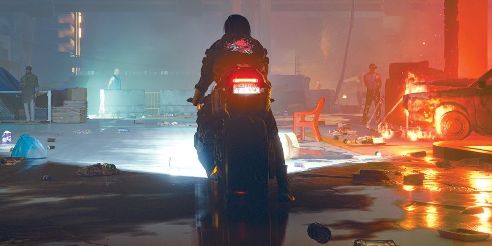 Cyberpunk 2077 V On Motorcycle With Car Burning