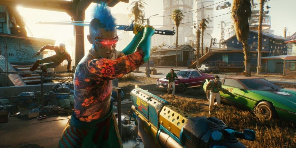 Cyberpunk 2077 V Shooting At Guy With Sword
