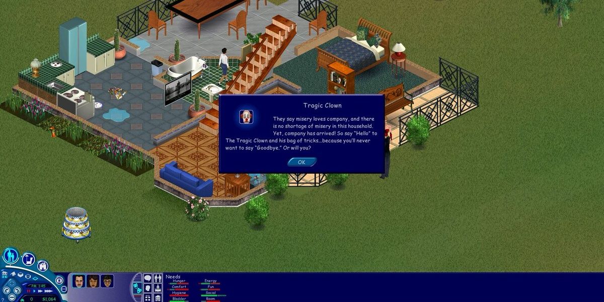 The Sims original game with a Tragic clown pop up