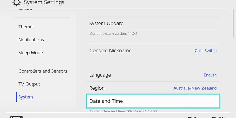 Date and Time settings on Switch