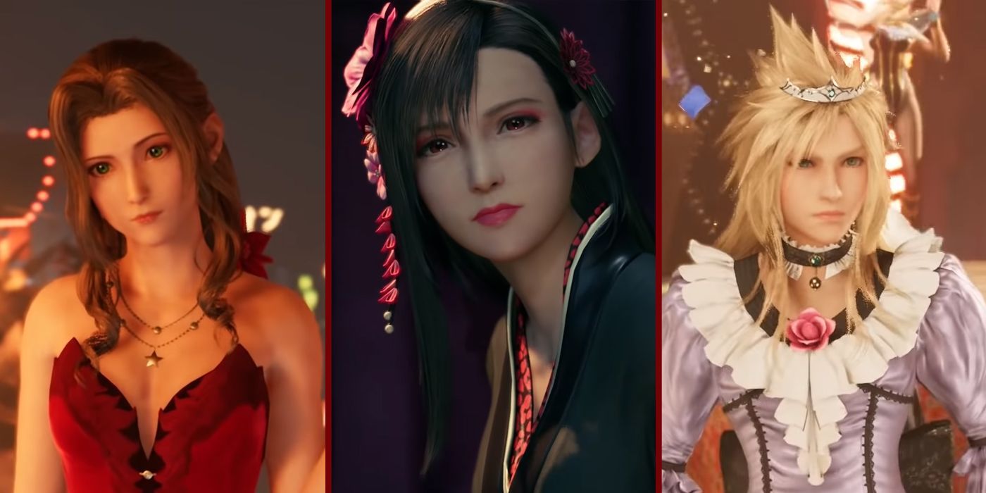 Aerith, Tifa and Cloud wearing dresses in Final Fantasy VII Remake