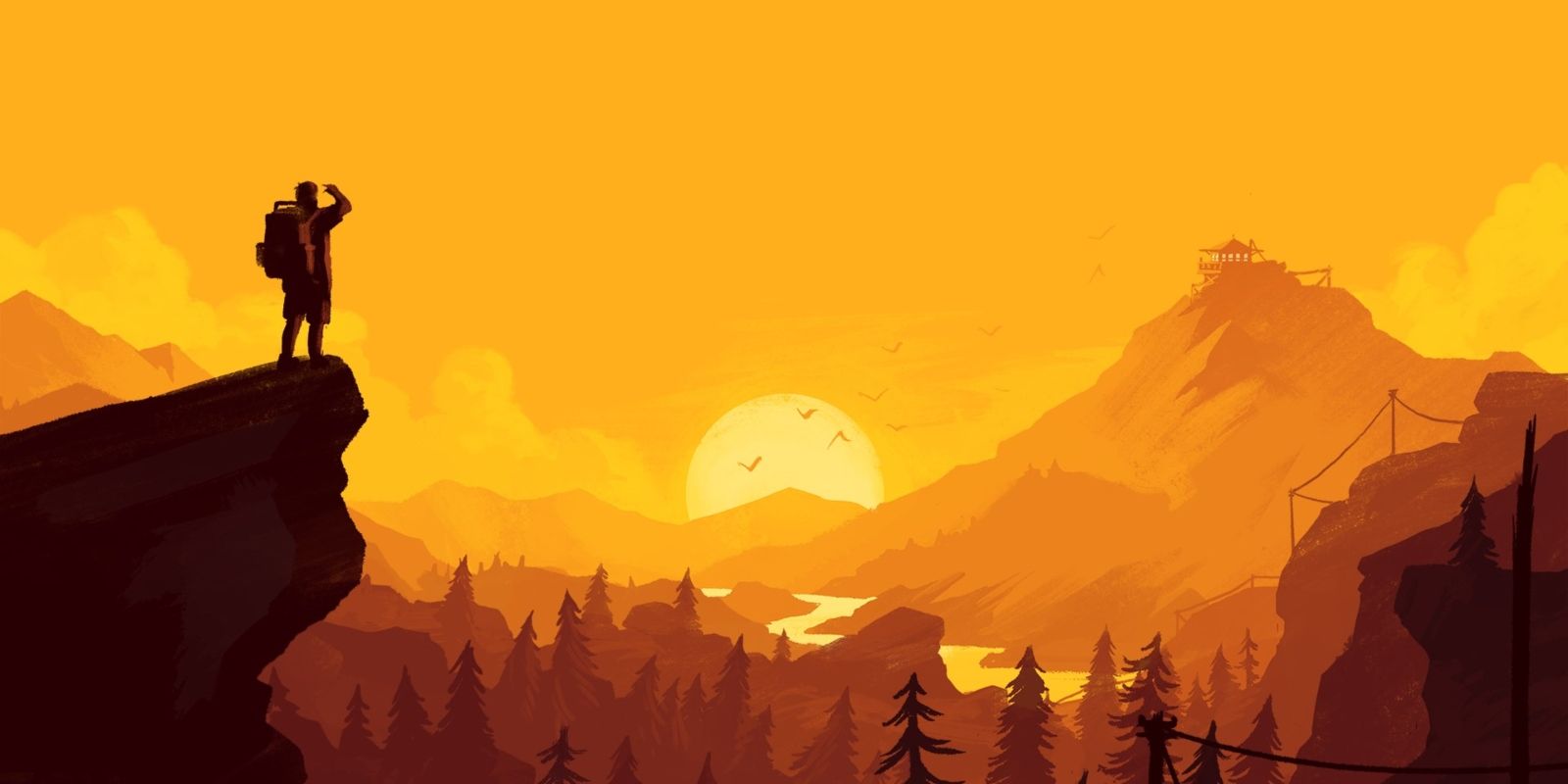 Firewatch. Man looking over into the distance on a cliff
