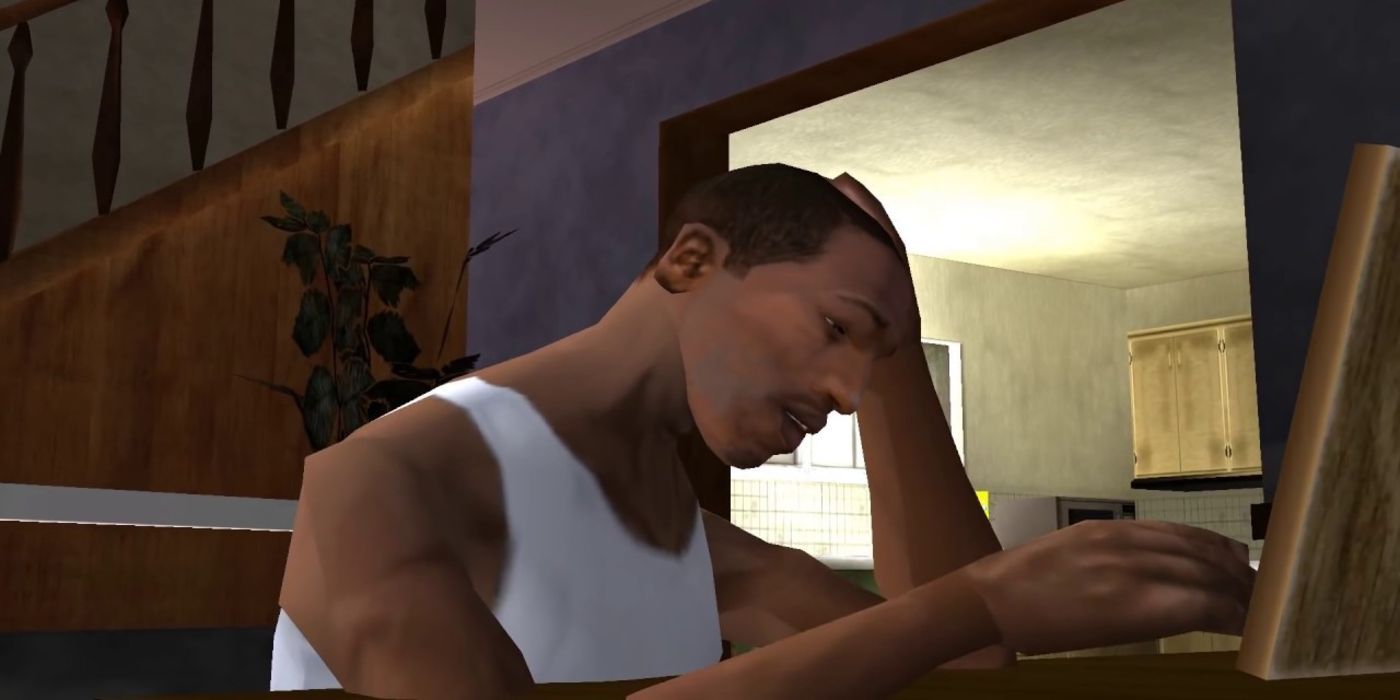 CJ mourning the loss of his mother while looking at a picutre of her and presumably Brian in GTA SA