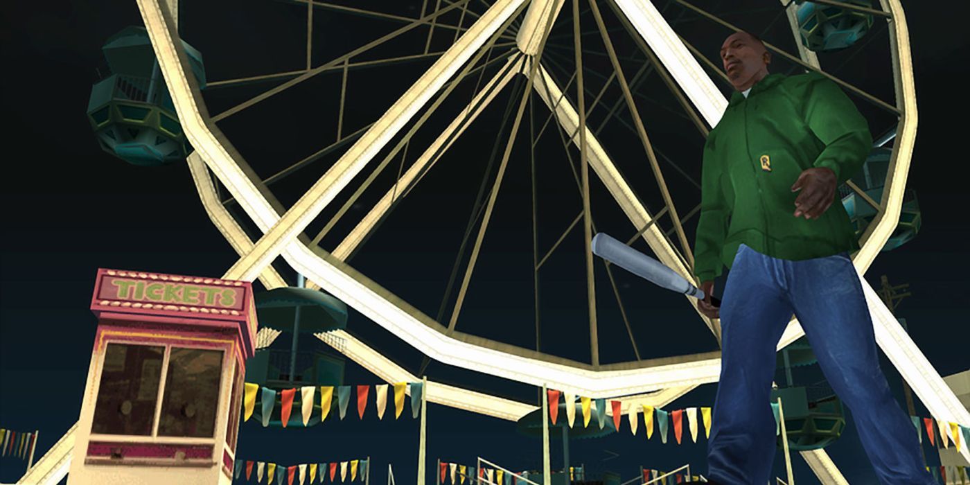 CJ walking in front of a Ferris wheel in GTA: SA
