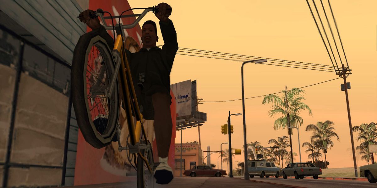 Carl "CJ" Johnson pops a wheelie on a bicycle in GTA: San Andreas