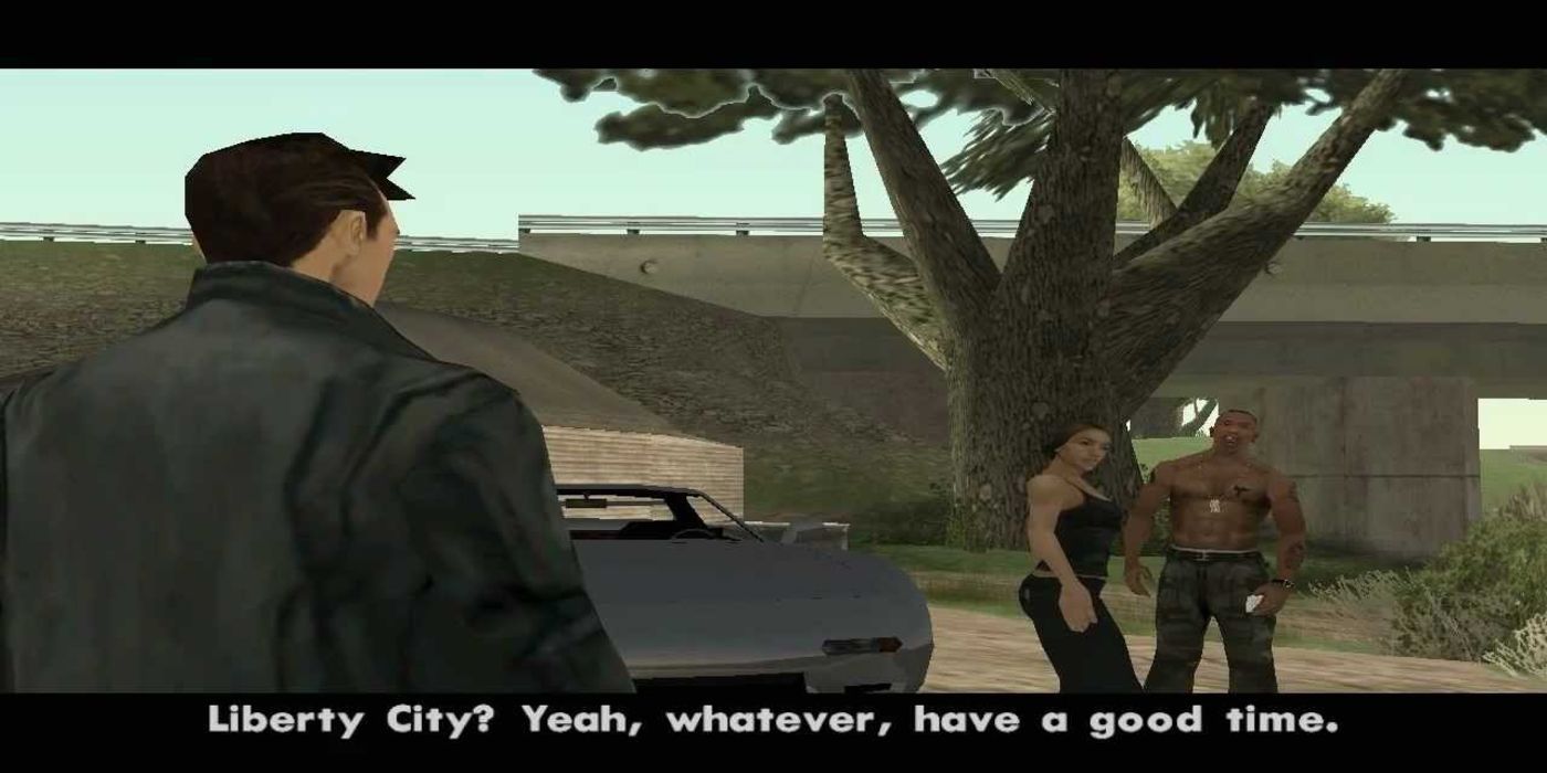 Claude (left) looks at Catalina (middle) saying goodbye to CJ in GTA SA