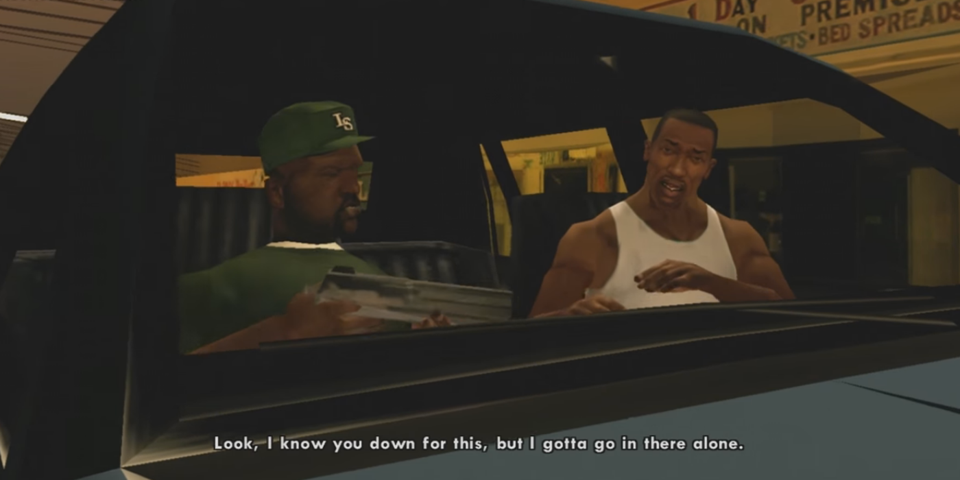 CJ talking to Sweet in the latter's car in the GTA SA mission, End of The Line