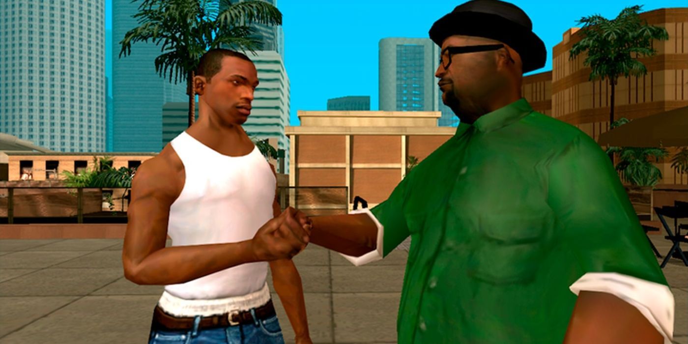 CJ and Smoke shake hands in GTA: SA