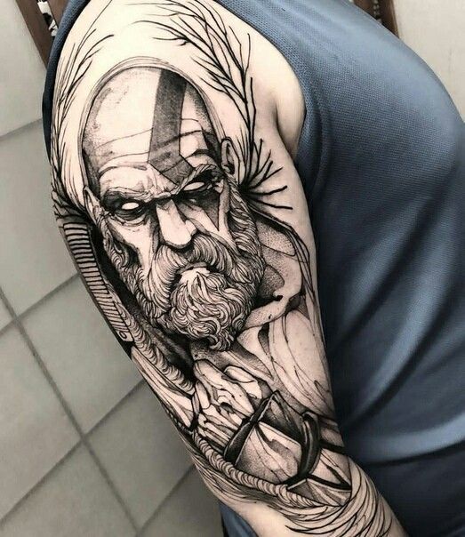 Black and white tattoo of Kratos