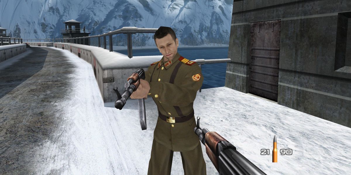 An enemy soldier points their gun at James Bond (the player) in Goldeneye