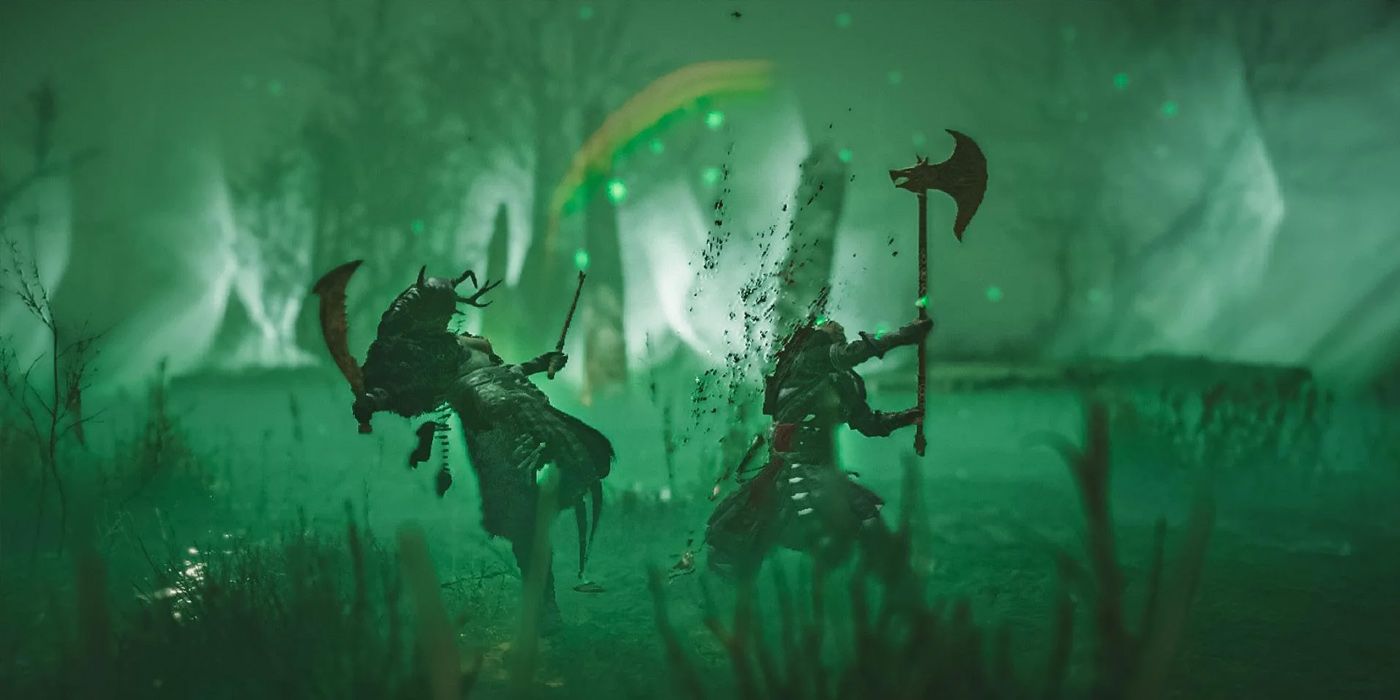 Assassin's Creed Valhalla cinematic with green tint Viking striking foe with giant battle axe