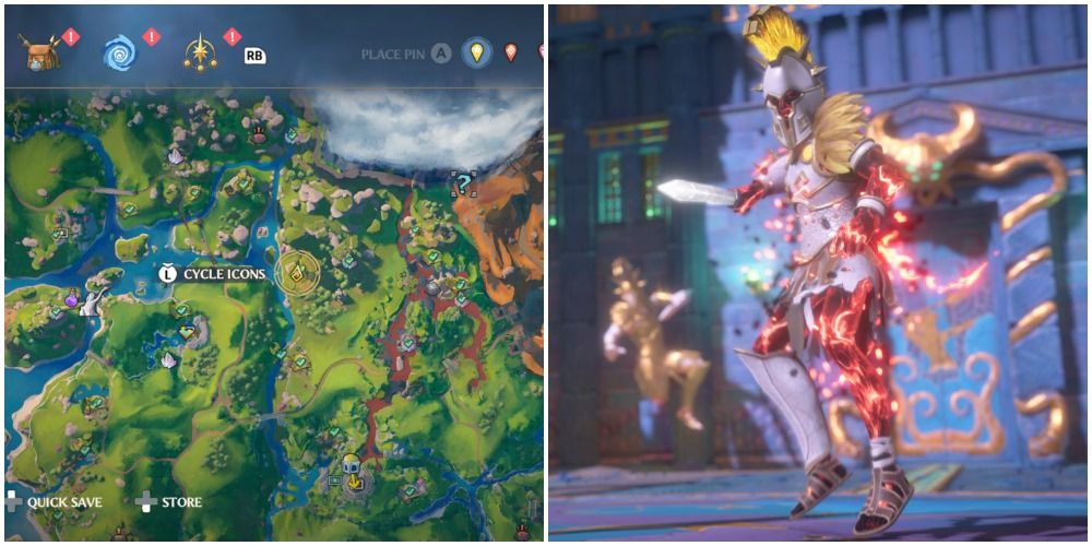 Immortals Fenyx Rising Achilles - split image of the Wraith location on the map and Achilles in battle.