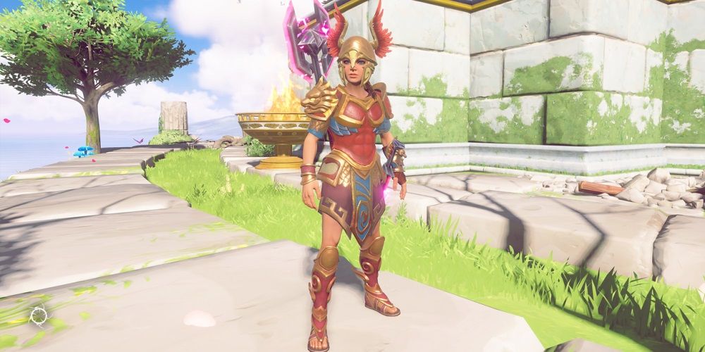 The player wearing Divine Providence Armor in Immortals Fenyx Rising.