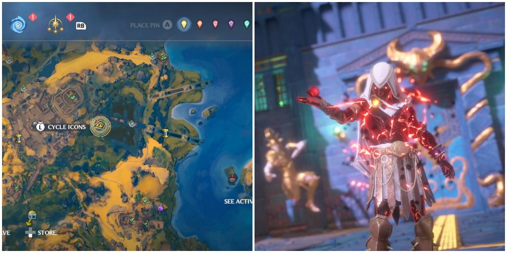 Immortals Fenyx Rising - split image of Odysseus Wraith Location on the map and Odysseus in battle.