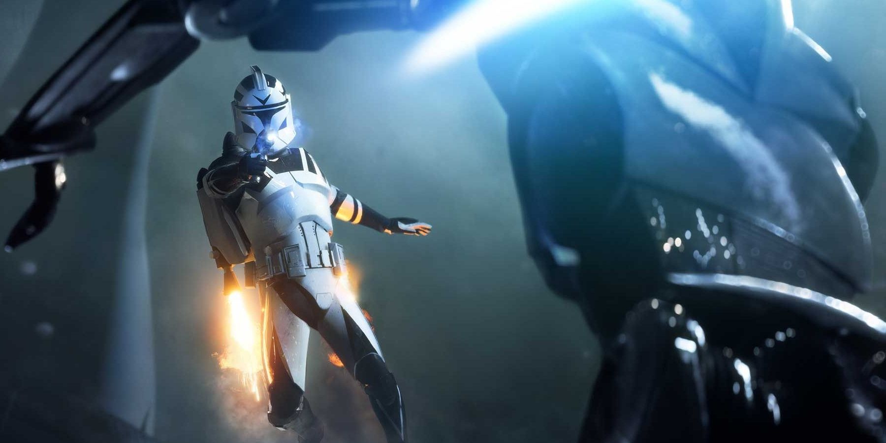 Jet Trooper Shooting Super Battle Droid in Star Wars Battlefront 2