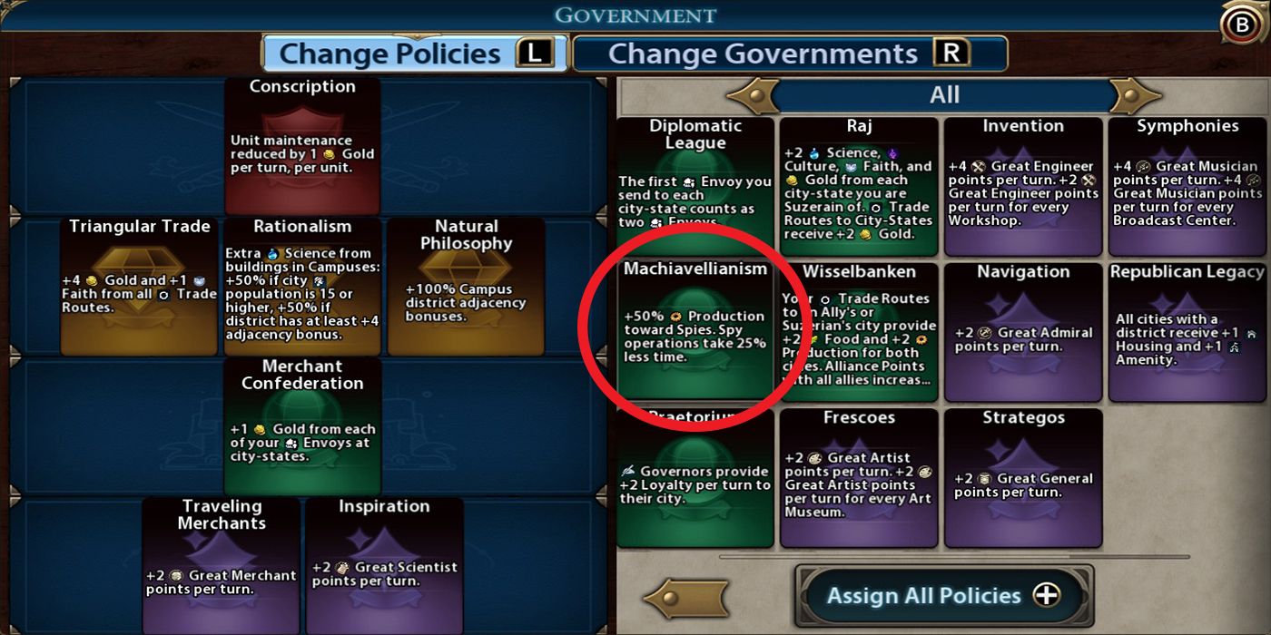 Machiavellianism Government Policy from Civilization 6