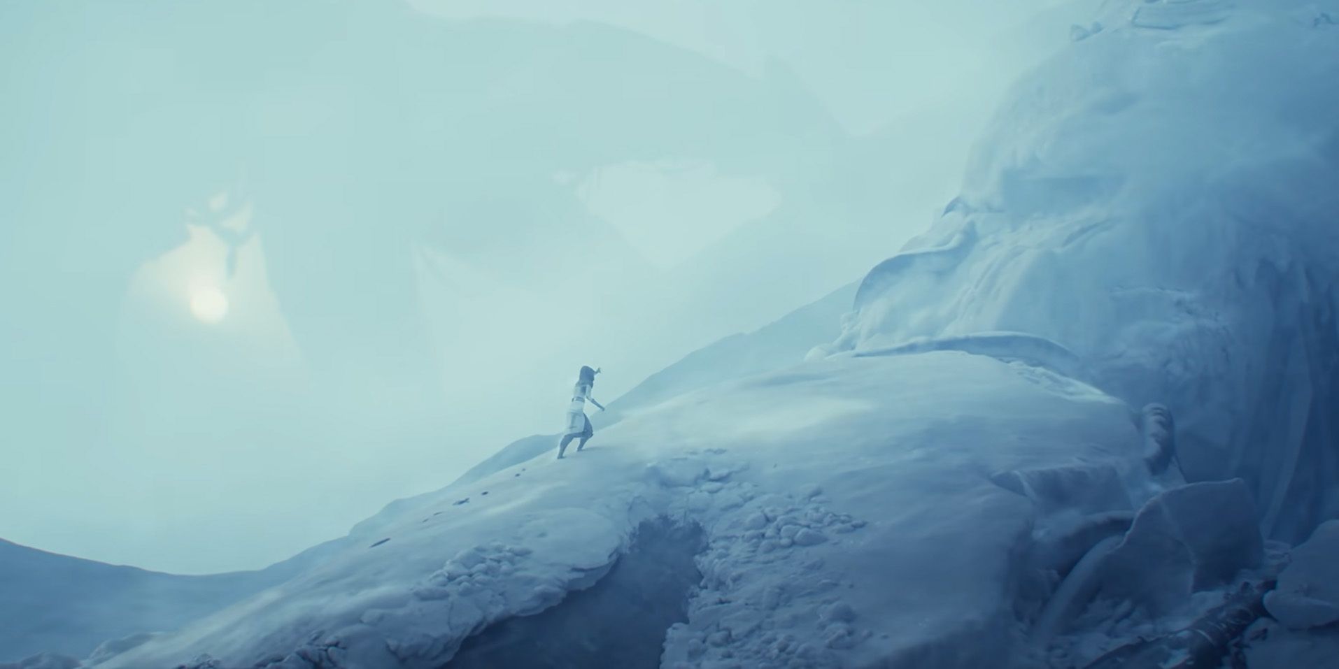 The dead reapers amongst the snow in the 2020 Mass Effect Trailer