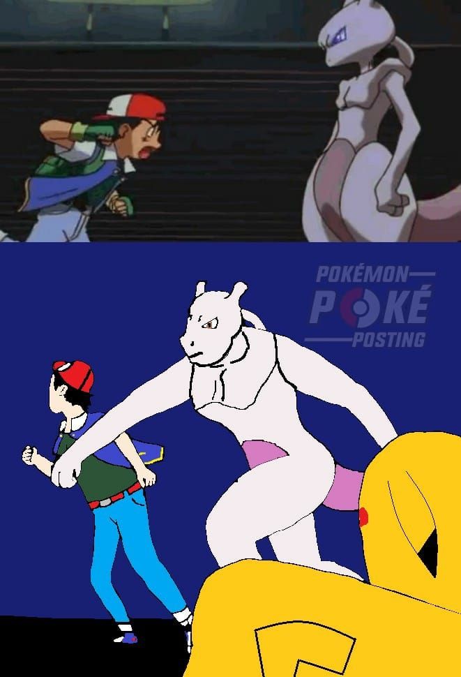Pokemon Mewtwo punching Ash in the face while Pikachu watches